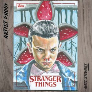 sketch card of eleven made by matt stewart for the topps stranger things season 1 trading card set